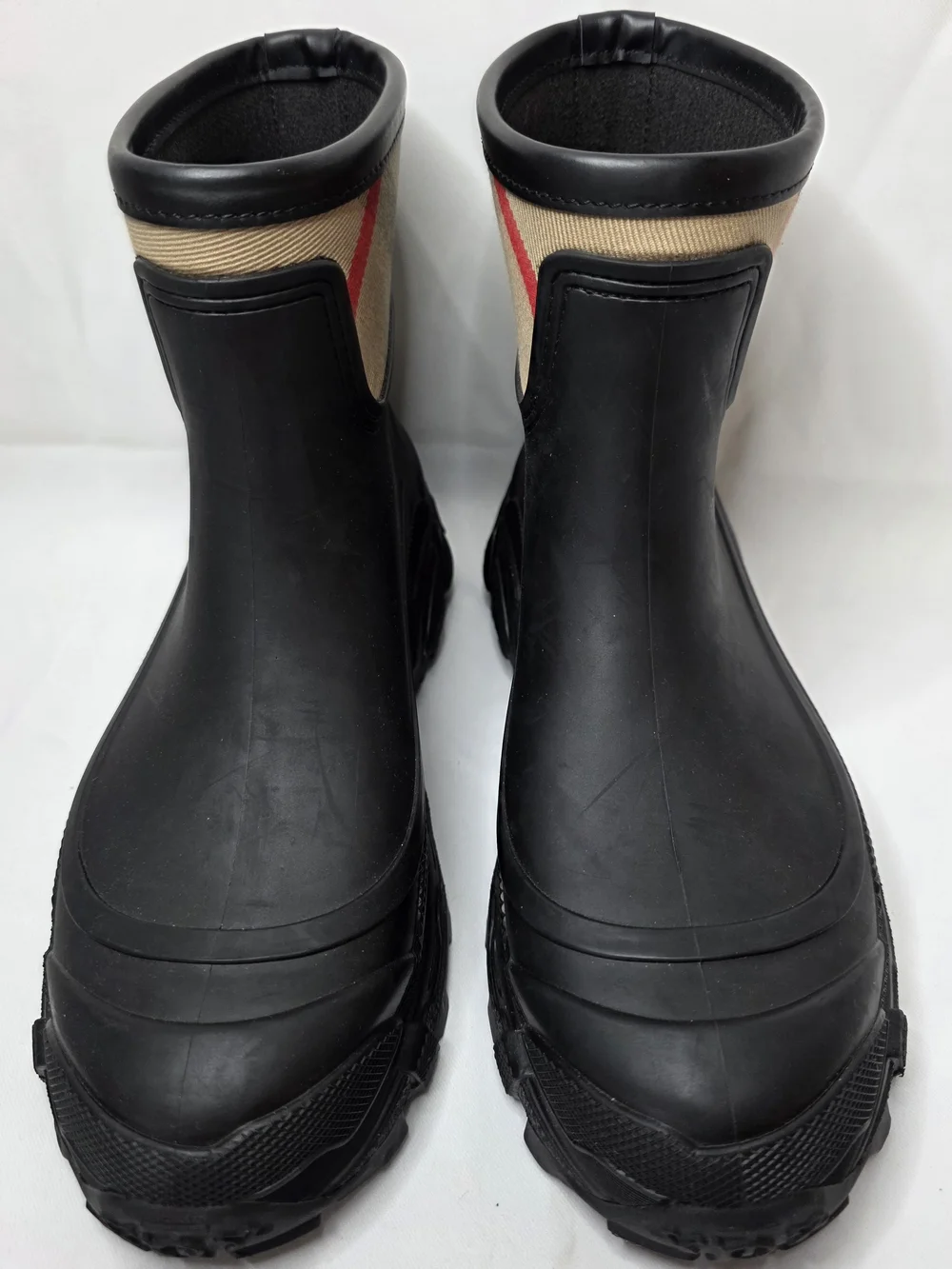 Burberry Black Rubber Boots with Beige Check Panel and Gold D-Rings